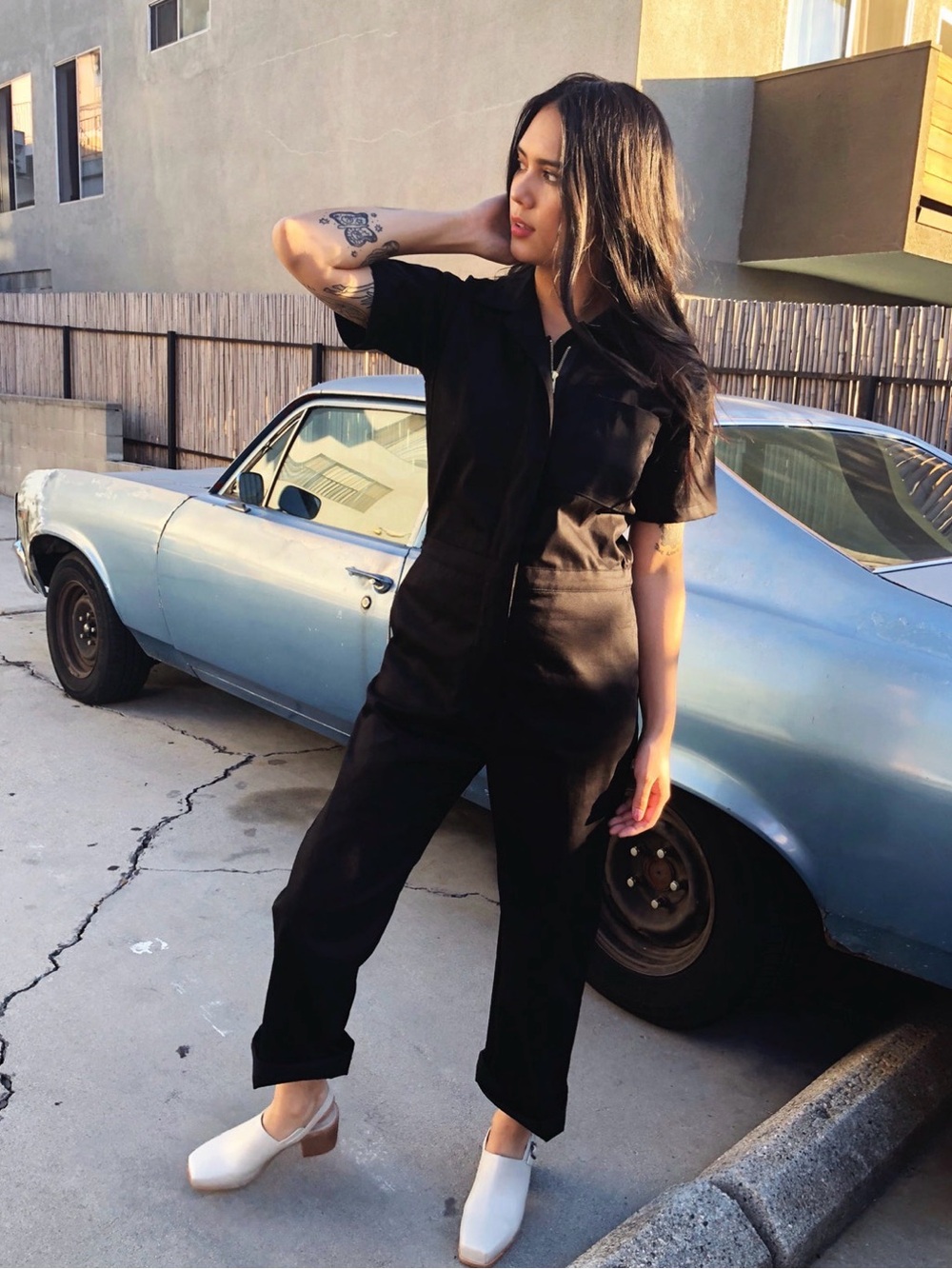 Nooworks Black Short-Sleeve Zip-Front Jumpsuit
